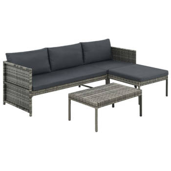 vidaXL 3-delige Loungeset met kussens poly rattan grijs