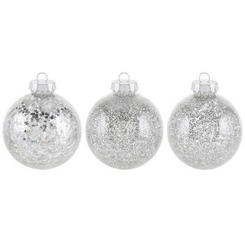 3x Glitter kerstballen zilver 8 cm kunststof kerstboom versiering/decoratie - Kerstbal