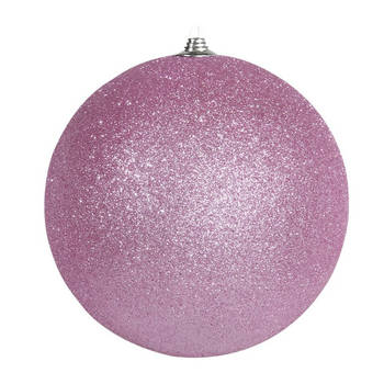 1x Kerstbal - roze - glitter - kunststof - groot - 13,5 cm - Kerstbal