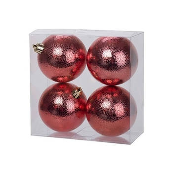 Cosy & Trendy Kerstballen - 4x st - rood - cirkel motief - d8 cm - kunststof - Kerstbal