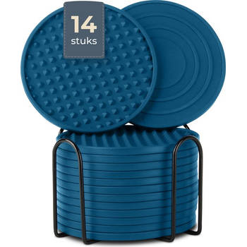 Castagnola Siliconen Onderzetters voor Glazen met Houder – Anti Slip - Set van 14 – Blauw