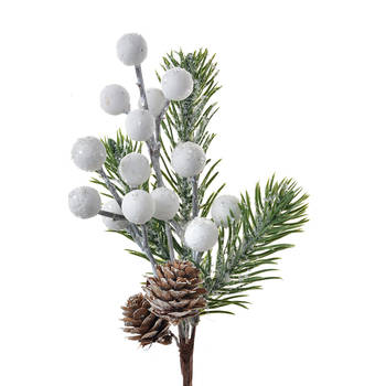 Clayre & Eef Decoratie Tak 22 cm Wit Groen Kunststof Kerstdecoratie Wit Kerstdecoratie