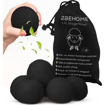 2BEHOME® 6XL Drogerballen Voor Wasdrogers - Gemaakt van 100% Nieuw-Zeelandse Schapen Wol - Wasdrogerballen - Zwart