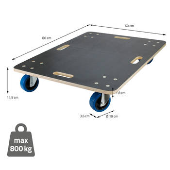 meubelwagen met 4 zwenkwielen, 60 x 80 cm, draagvermogen tot 800 kg, gemaakt van CNC-gefreesd multiplex