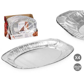 Kinvara Aluminium BBQ/verjaardag/hapjes serveerschalen - zilver - 4x stuks - 35 x 24 cm - wegwerp - Snack en tapasschale