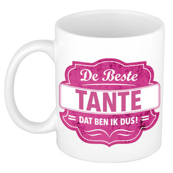 De beste tante cadeau mok / beker wit met roze embleem 300 ml - feest mokken