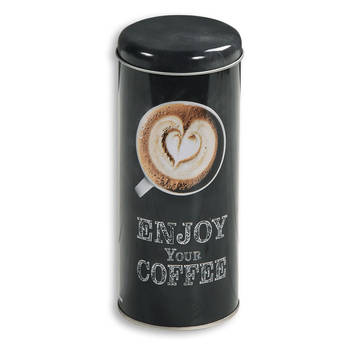 Kesper Koffie bewaarblik voor pads - Enjoy your coffee - metaal - zwart - drukdeksel - D8 x H17 cm - Voorraadblikken