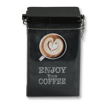 Kesper Koffie bewaarblik voor bonen - Enjoy your coffee - metaal - zwart - clipdeksel - 14x8x19 cm - Voorraadblikken