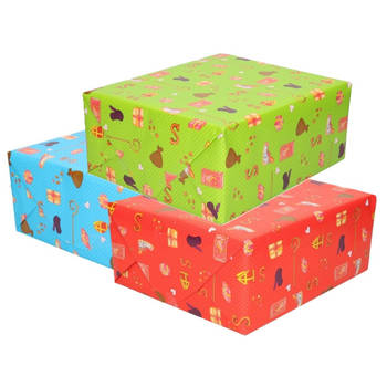 Rollen inpakpapier/cadeaupapier - 6x stuks - Sinterklaas - 250 x 70 cm - papier - 3 kleuren - Cadeaupapier