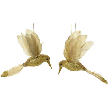 Decoris kerstboom kolibrie vogels - 2x - goud - foam - 13 cm - Kersthangers