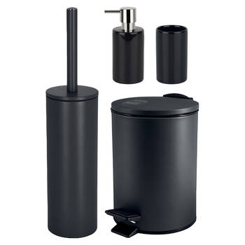 Spirella Badkamer accessoires set - WC-borstel/pedaalemmer/zeeppompje/beker - zwart - Badkameraccessoireset