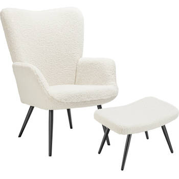 tectake® - Vleugelfauteuil met hocker in Scandinavische Stijl - Teddystoel - Bouclé - creme / zwart