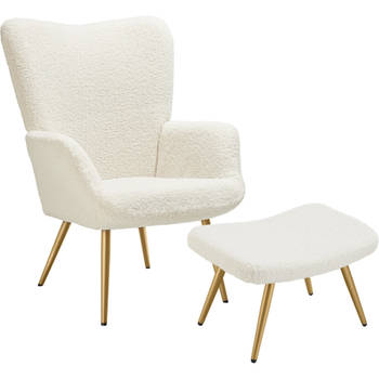 tectake® -Vleugelfauteuil met hocker in Scandinavische Stijl - Teddystoel - Bouclé - creme / goud