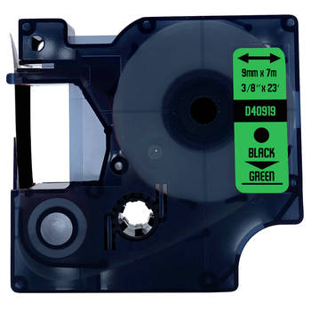 DULA label tape - Compatible met Dymo D1 40919 - 1 stuk - Zwart op groen - 9mm x 7m