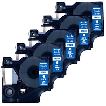 DULA label tape - Compatible met Dymo D1 45026 - 5 stuks - Wit op blauw - 12mm x 7m