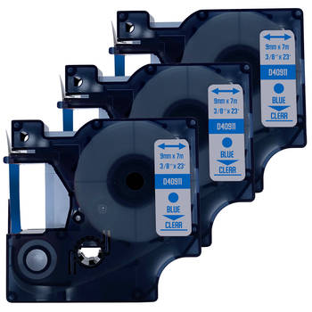 DULA label tape - Compatible met Dymo D1 40911 - 3 stuks - Blauw op transparant - 9mm x 7m