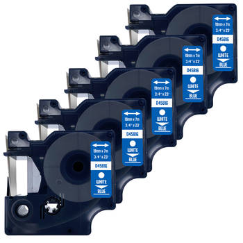 DULA label tape - Compatible met Dymo D1 45816 - 5 stuks - Wit op blauw - 19mm x 7m