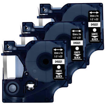 DULA label tape - Compatible met Dymo D1 45021 - 3 stuks - Wit op zwart - 12mm x 7m