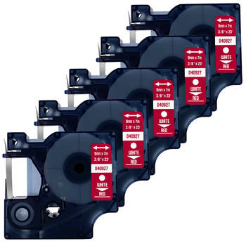 DULA Dymo D1 40927 Compatible label tape - 5 lettertapes - Wit op rood - 9mm x 7m