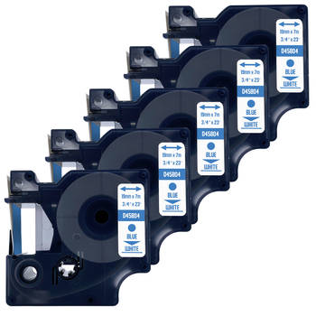 DULA label tape - Compatible met Dymo D1 45804 - 5 stuks - Blauw op wit - 19mm x 7m