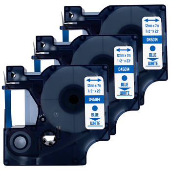 DULA label tape - Compatible met Dymo D1 45014 - 3 stuks - Blauw op wit - 12mm x 7m