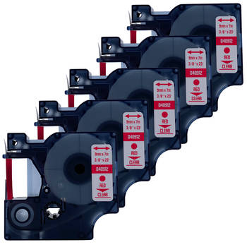 DULA Dymo D1 40912 Compatible label tape - 5 lettertapes - Rood op transparant - 9mm x 7m