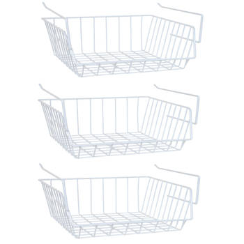 MSV Kastmandje - 3x - opberg/hang mandjes - rvs - wit - 33 x 27 x 13 cm - Opbergmanden