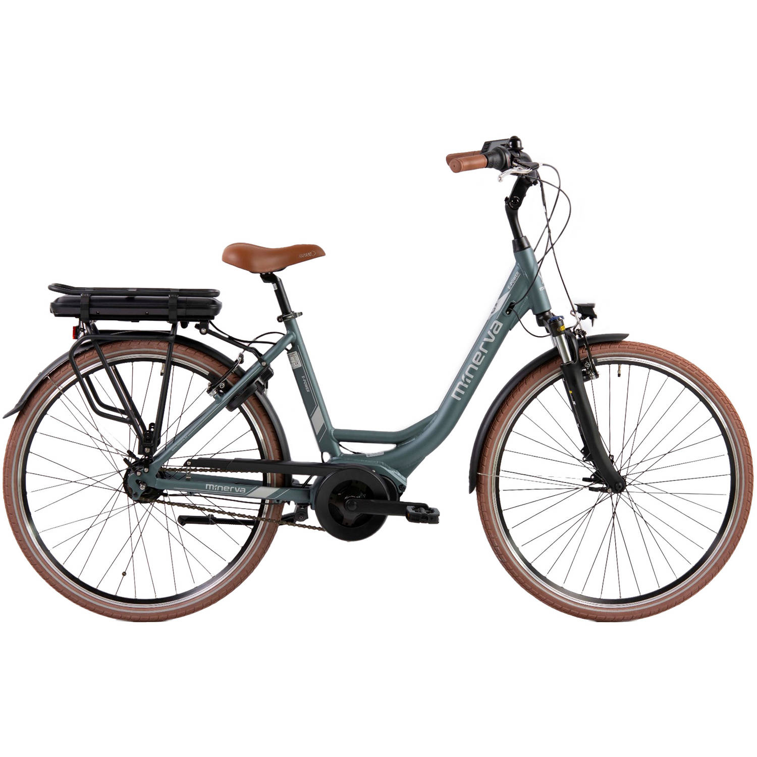 Minerva E-Power Elektrische Stadsfiets 28 Inch - 49 cm - Damesfiets - 8 Versnellingen - V-Brakes - Matgroen