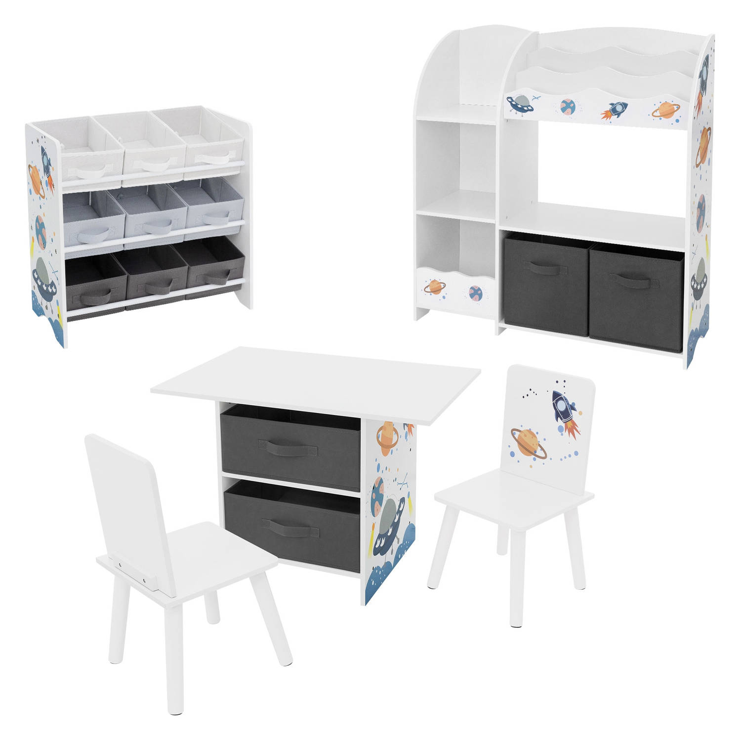 Joyz 5-delige kindermeubelset ruimte-motief, materiaal hout, wit, kinderzitgroep tafel & 2 stoelen, kinderplank