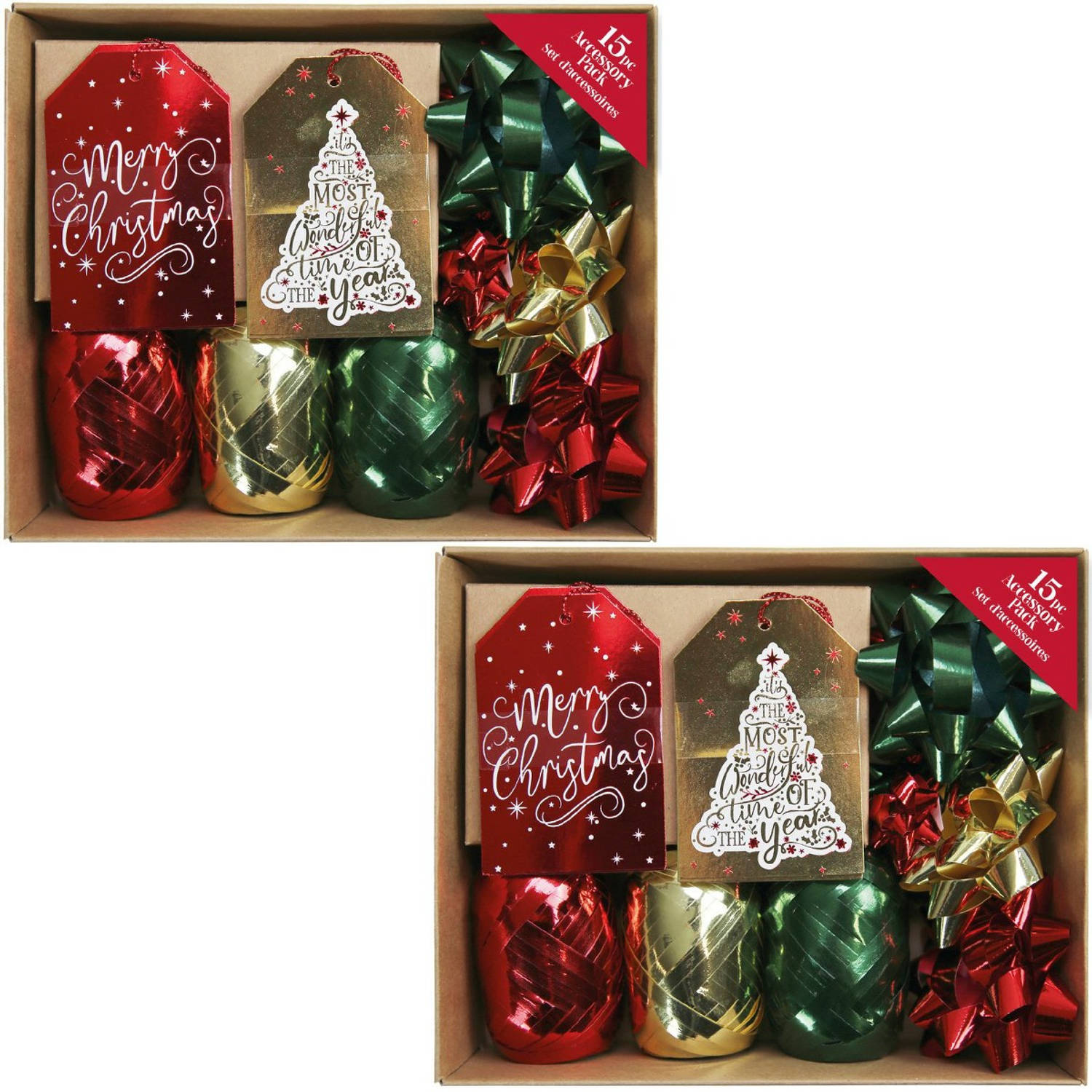 Cadeauversiering - Krullint en tags en strikjes - Goud, groen & rood - 30 stuks