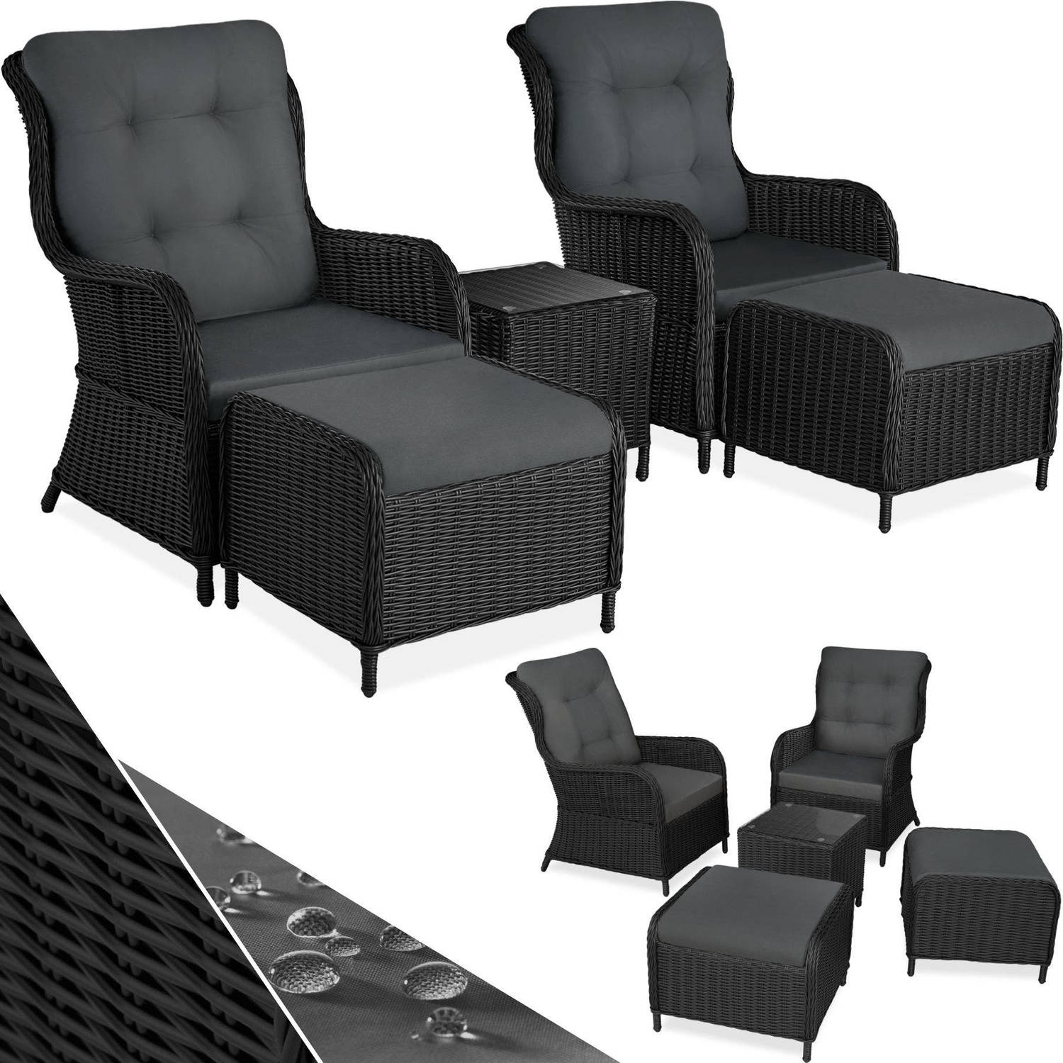 tectake® 2x premium wicker fauteuils met kruk en tafel relaxfauteuil zwart