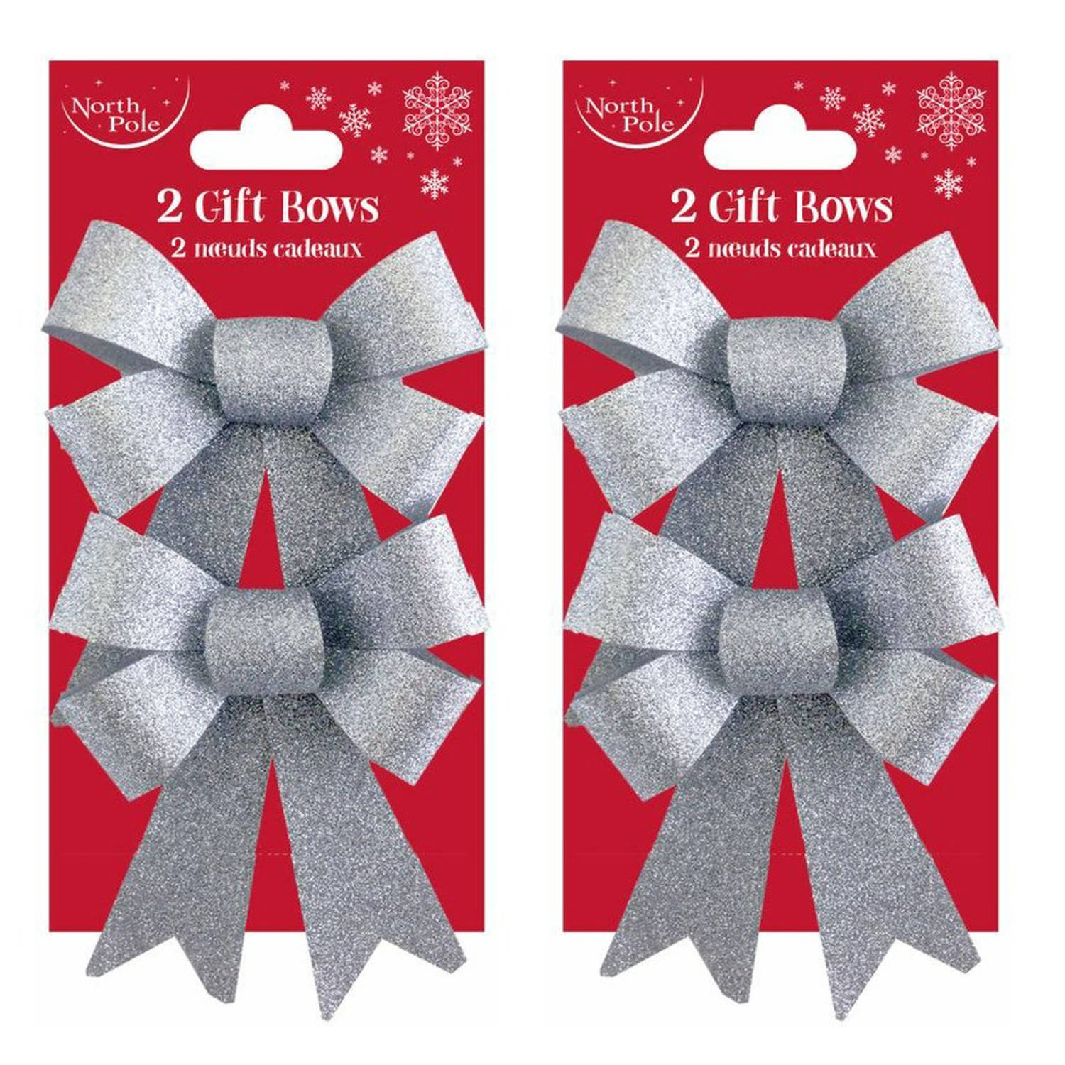 Cadeauversiering Glitter strikken - Zilver - 4 stuks