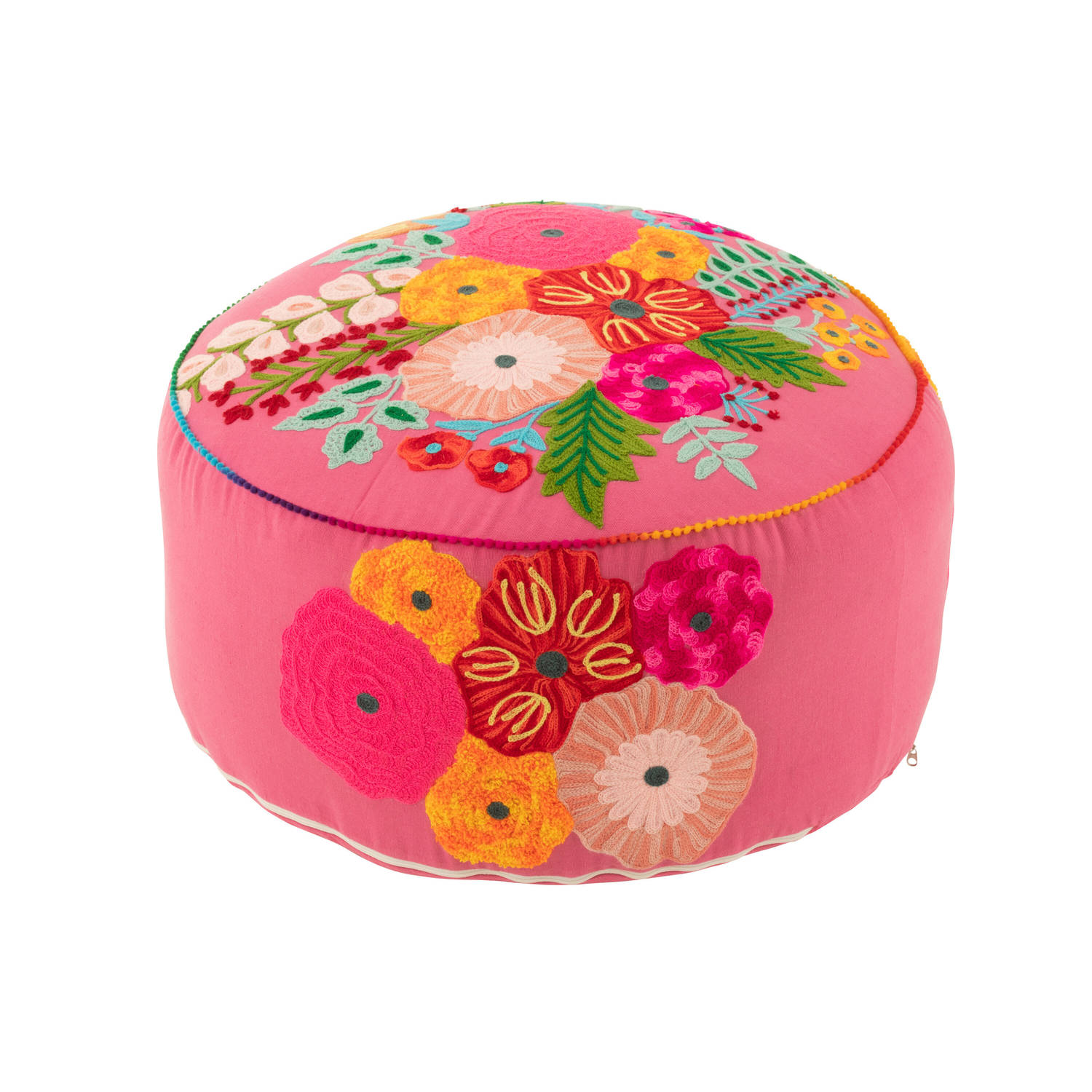 J-line - Poef Rond Bloemen Geborduurd Katoen/polyester Roze - 50x50x35cm