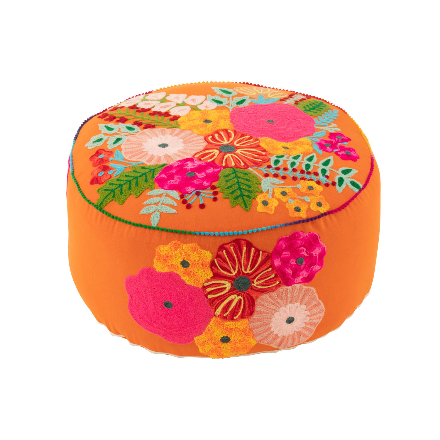 J-line - Poef Rond Bloemen Geborduurd Katoen/polyester Oranje - 50x50x35cm