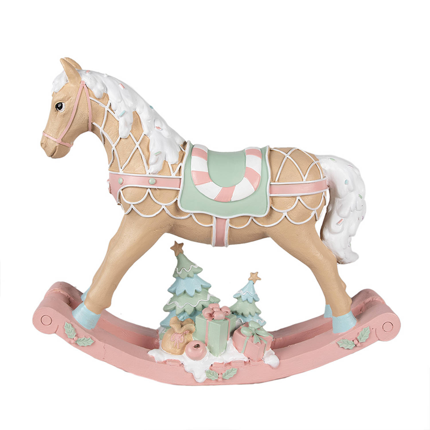 Clayre & Eef Kerstdecoratie Beeld Hobbelpaard 41x10x37 cm Beige Roze Kunststof Beige