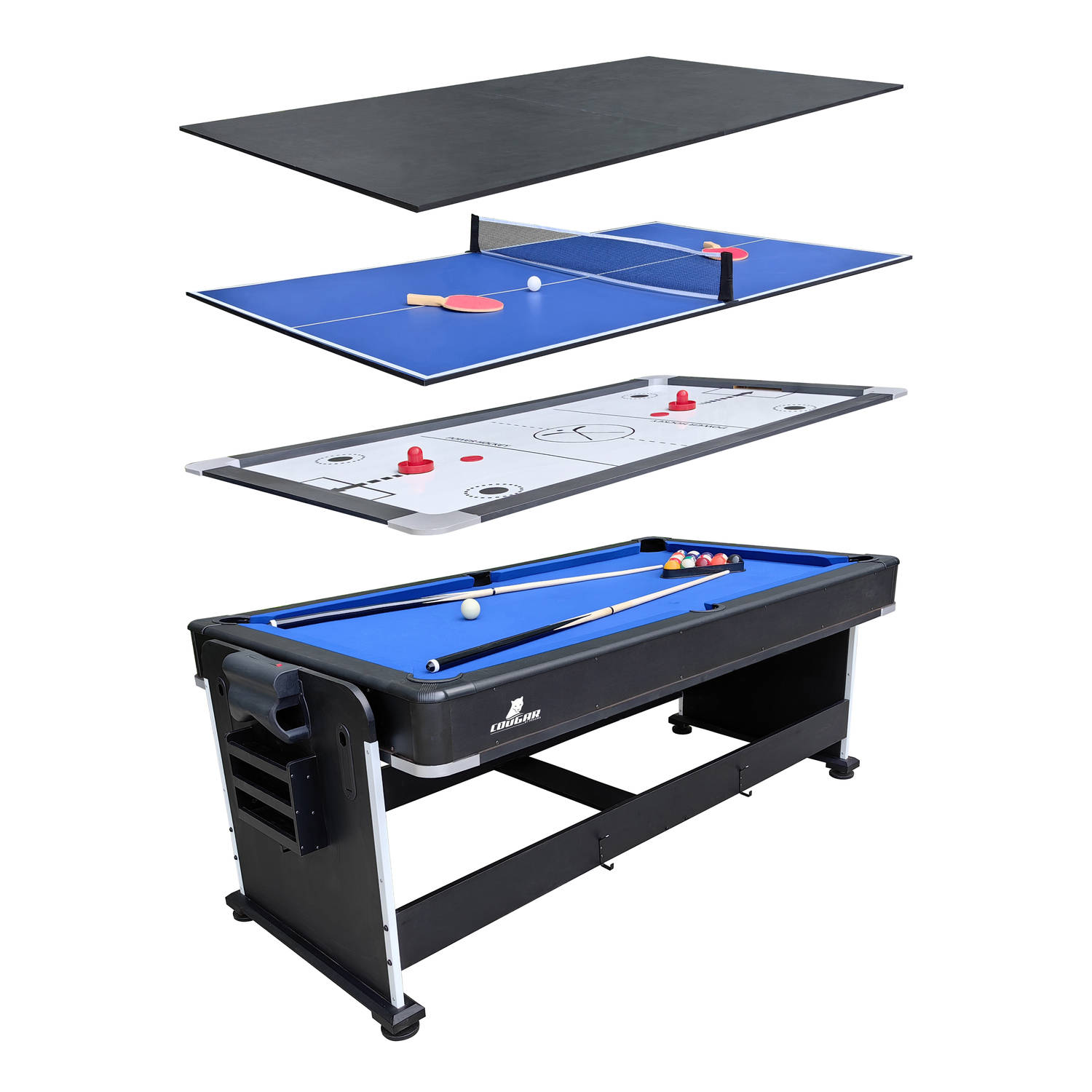 Cougar 4-in-1 Multi Speeltafel Zwart - Pooltafel - Air Hockey - Tafeltennis - Eettafel - Inclusief Accessoires