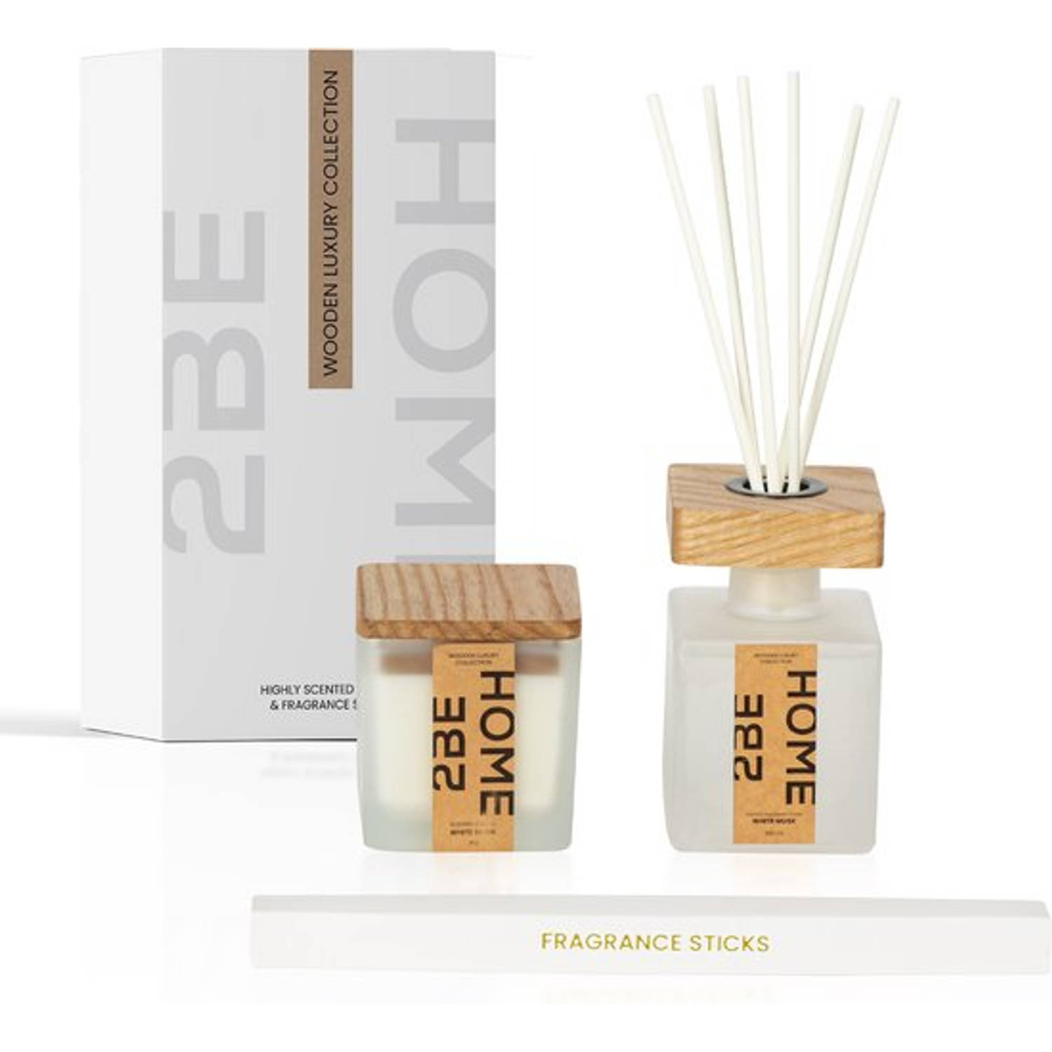 2BEHOME® Geurkaars & Geurstokjes Giftset - White Musk - Wooden Luxury Collection - Geschenkset - Cadeau - Wit