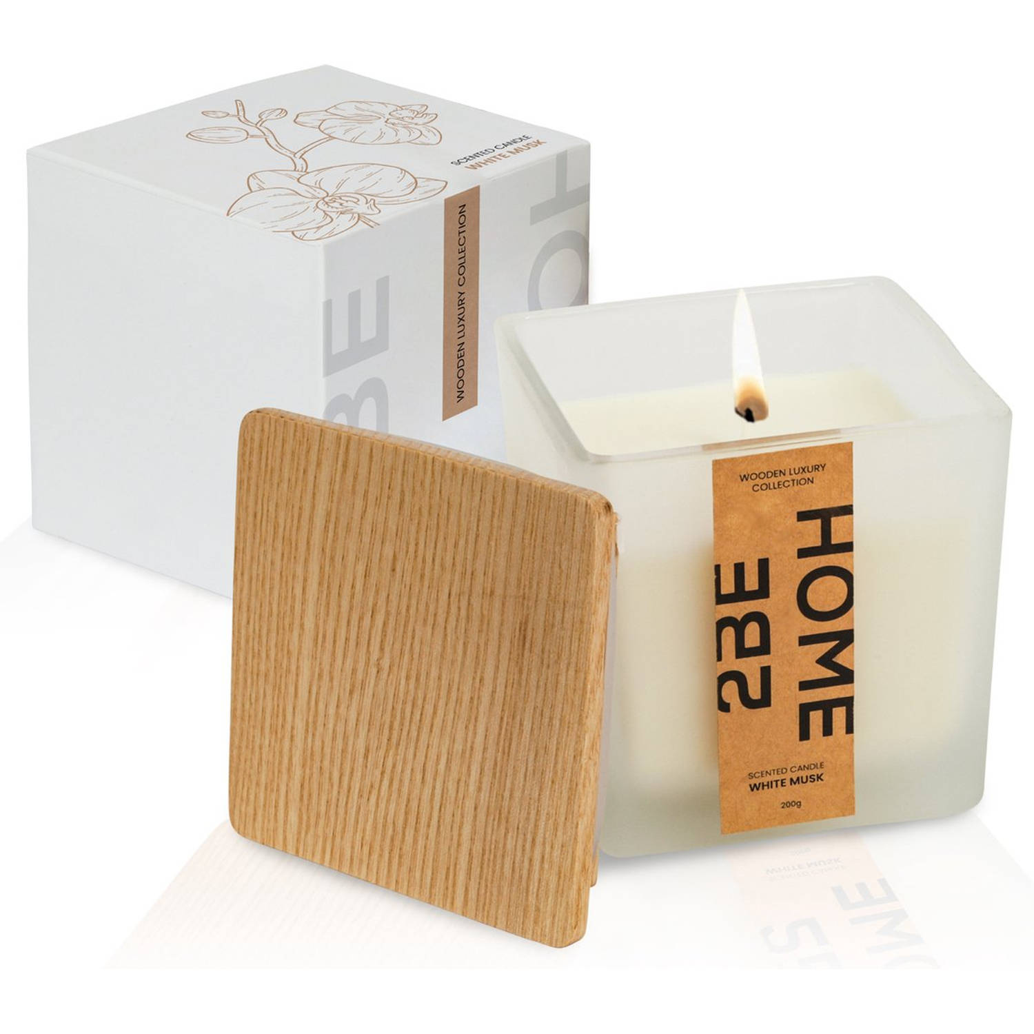 2BEHOME® Geurkaars White Musk - 200 gr - Wooden Luxury Collection Kaars - Geurkaarsen in Glas - Geurbrander - Wit