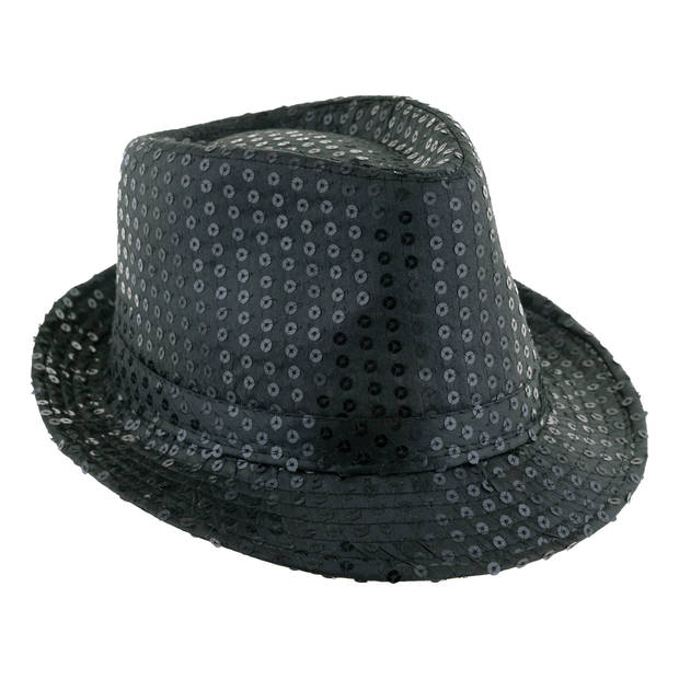 Funny Fashion Carnaval verkleed Trilby hoedje met glitter pailletten - zwart - heren/dames - Verkleedhoofddeksels