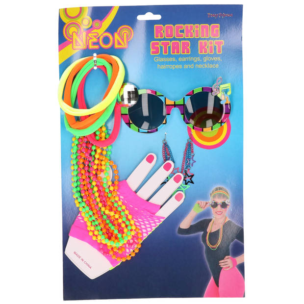 Funny Fashion Eighties/Jaren 80 verkleedset - ketting/bril/handschoenen/bandjes - voor dames - Verkleedattributen