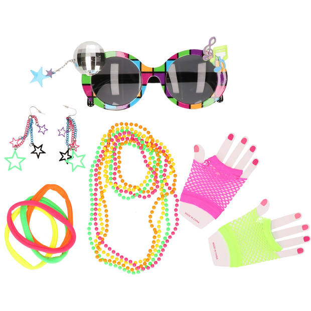 Funny Fashion Eighties/Jaren 80 verkleedset - ketting/bril/handschoenen/bandjes - voor dames - Verkleedattributen