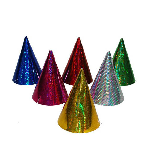 Gekleurde kartonnen feesthoedjes - glitters en multi kleuren - 6x stuks - verjaardag - Verkleedhoofddeksels