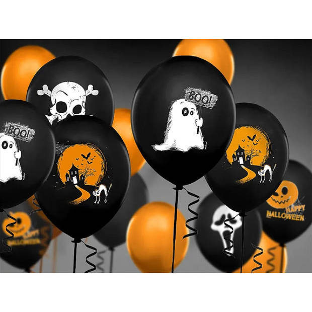 Halloween ballonnen - 6x stuks - zwart/oranje - 30 cm - diverse prints - Ballonnen