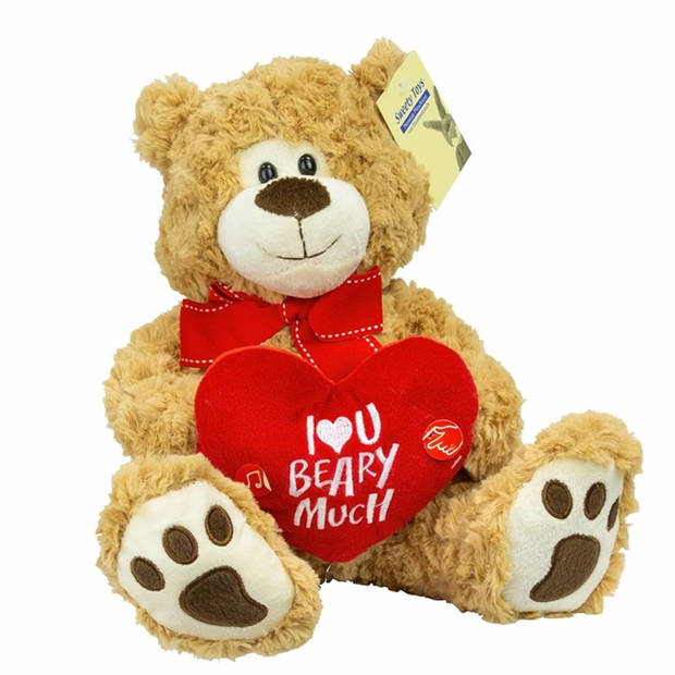 Pluche knuffelbeer/teddybeer met I love you hartje - met geluid - licht bruin - 30 cm - Knuffelberen