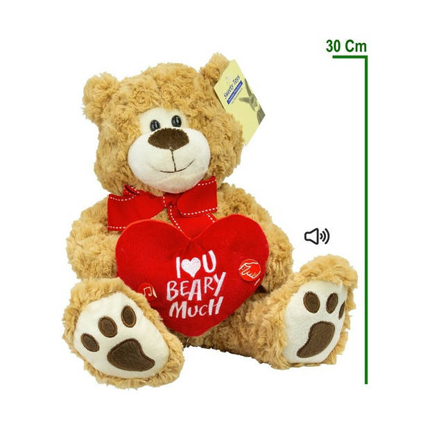 Pluche knuffelbeer/teddybeer met I love you hartje - met geluid - licht bruin - 30 cm - Knuffelberen