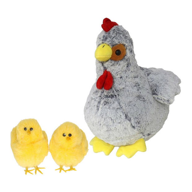 Pluche kip knuffel - 20 cm - grijs - met 2x gele kuikens 7 cm - kippen familie - Vogel knuffels