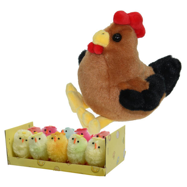 Pluche kip knuffel - 15 cm - multi kleuren - met 10x kuikens 5 cm - kippen familie - Vogel knuffels