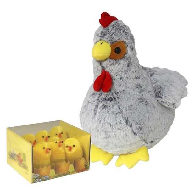 Pluche kip knuffel - 20 cm - multi kleuren - met 6x gele kuikens van 5 cm - kippen familie - Vogel knuffels