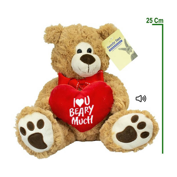 Pluche knuffelbeer/teddybeer met I love you hartje - met geluid - licht bruin - 25 cm - Knuffelberen