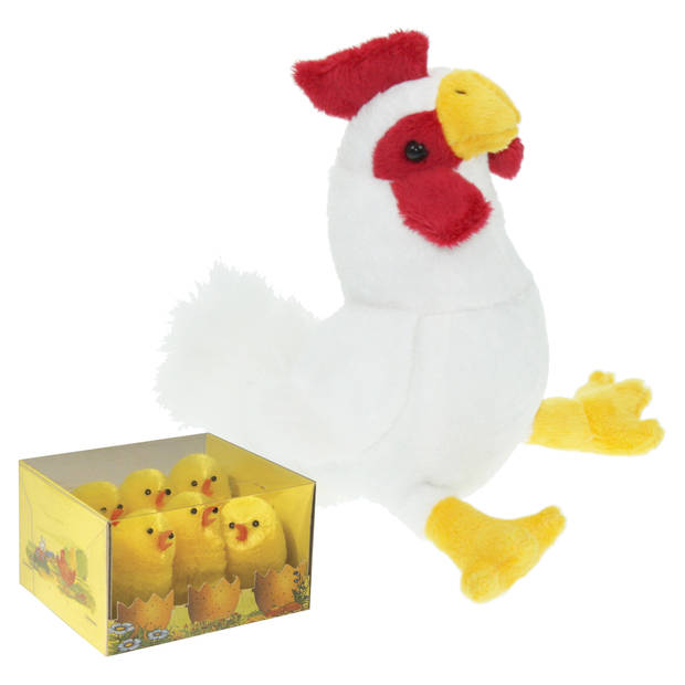 Pluche kip knuffel - 20 cm - multi kleuren - met 6x gele kuikens van 5 cm - kippen familie - Vogel knuffels